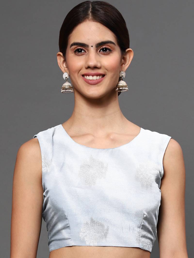 Blue Tissue Silk Silver Zari Floral Motifs Saree With Blouse Piece