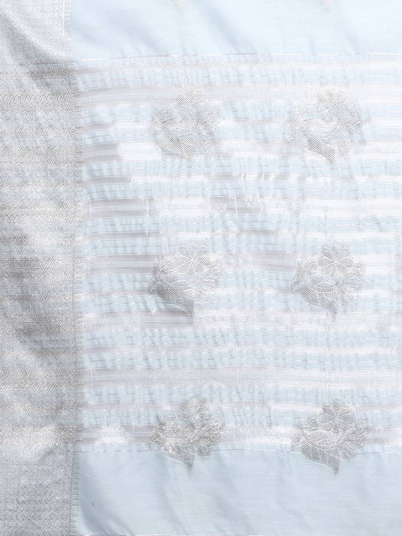 Blue Tissue Silk Silver Zari Floral Motifs Saree With Blouse Piece