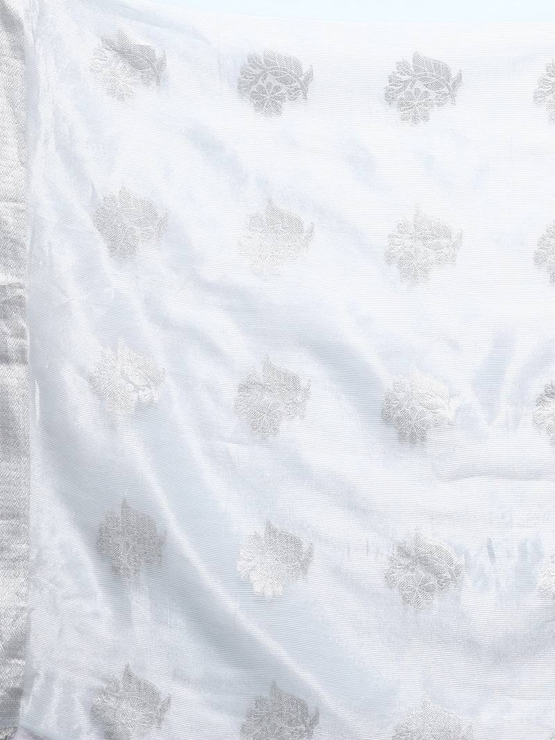 Blue Tissue Silk Silver Zari Floral Motifs Saree With Blouse Piece