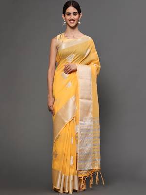 Mango Yellow Tissue Silk Silver Zari Floral Motifs Saree With Blouse Piece 1