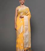 Mango Yellow Tissue Silk Silver Zari Floral Motifs Saree With Blouse Piece