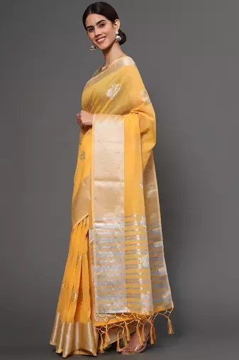 Mango Yellow Tissue Silk Silver Zari Floral Motifs Saree With Blouse Piece
