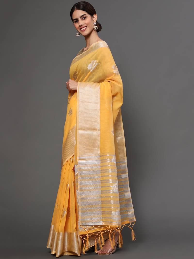 Mango Yellow Tissue Silk Silver Zari Floral Motifs Saree With Blouse Piece