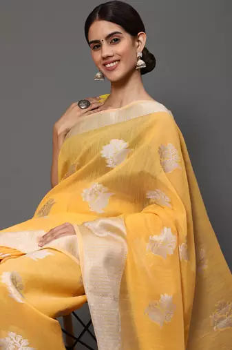 Mango Yellow Tissue Silk Silver Zari Floral Motifs Saree With Blouse Piece