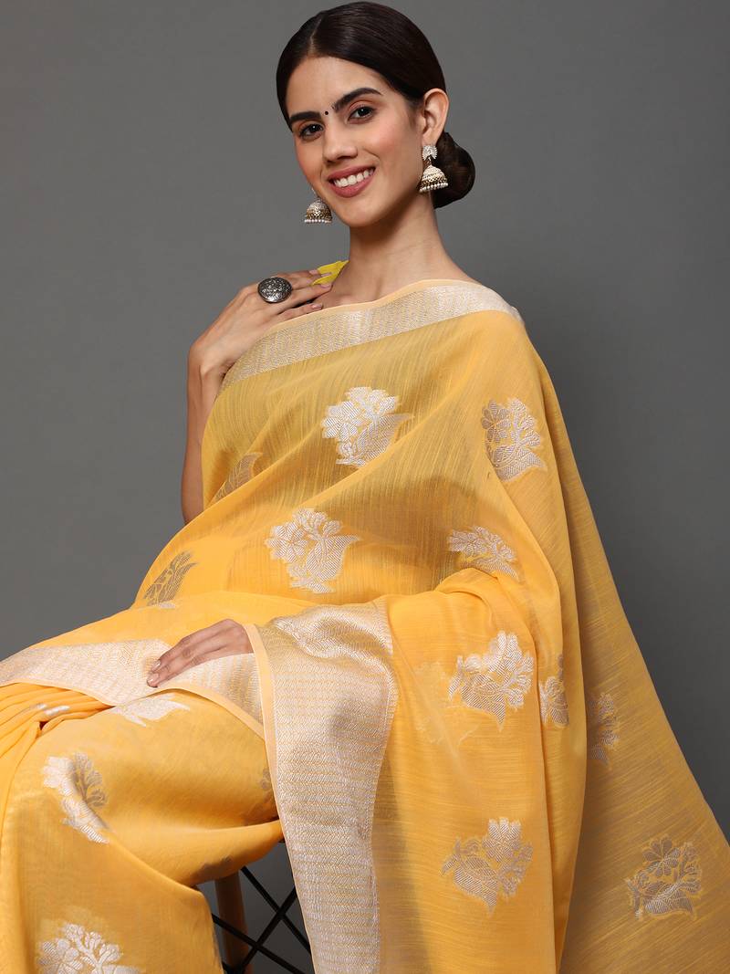 Mango Yellow Tissue Silk Silver Zari Floral Motifs Saree With Blouse Piece