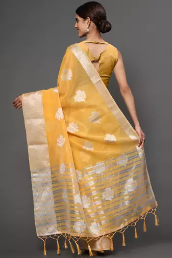 Mango Yellow Tissue Silk Silver Zari Floral Motifs Saree With Blouse Piece