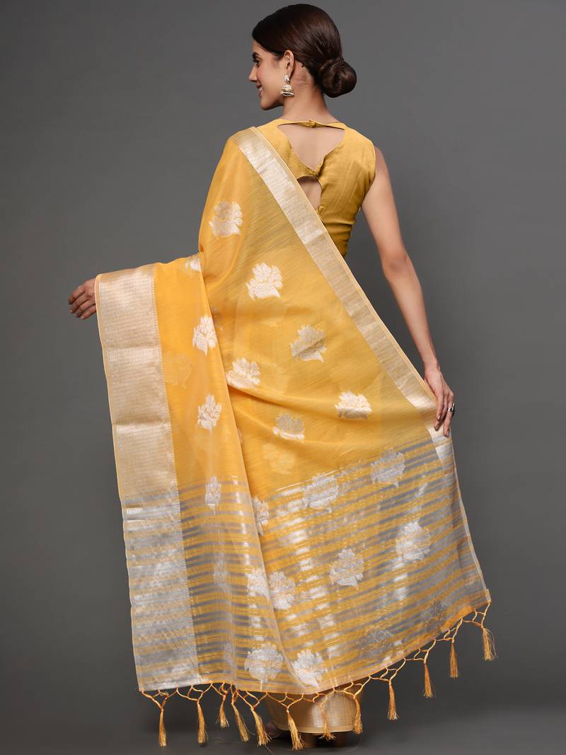 Mango Yellow Tissue Silk Silver Zari Floral Motifs Saree With Blouse Piece