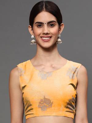 Mango Yellow Tissue Silk Silver Zari Floral Motifs Saree With Blouse Piece 5