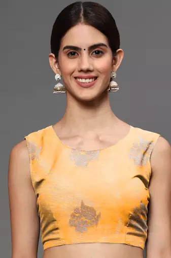 Mango Yellow Tissue Silk Silver Zari Floral Motifs Saree With Blouse Piece