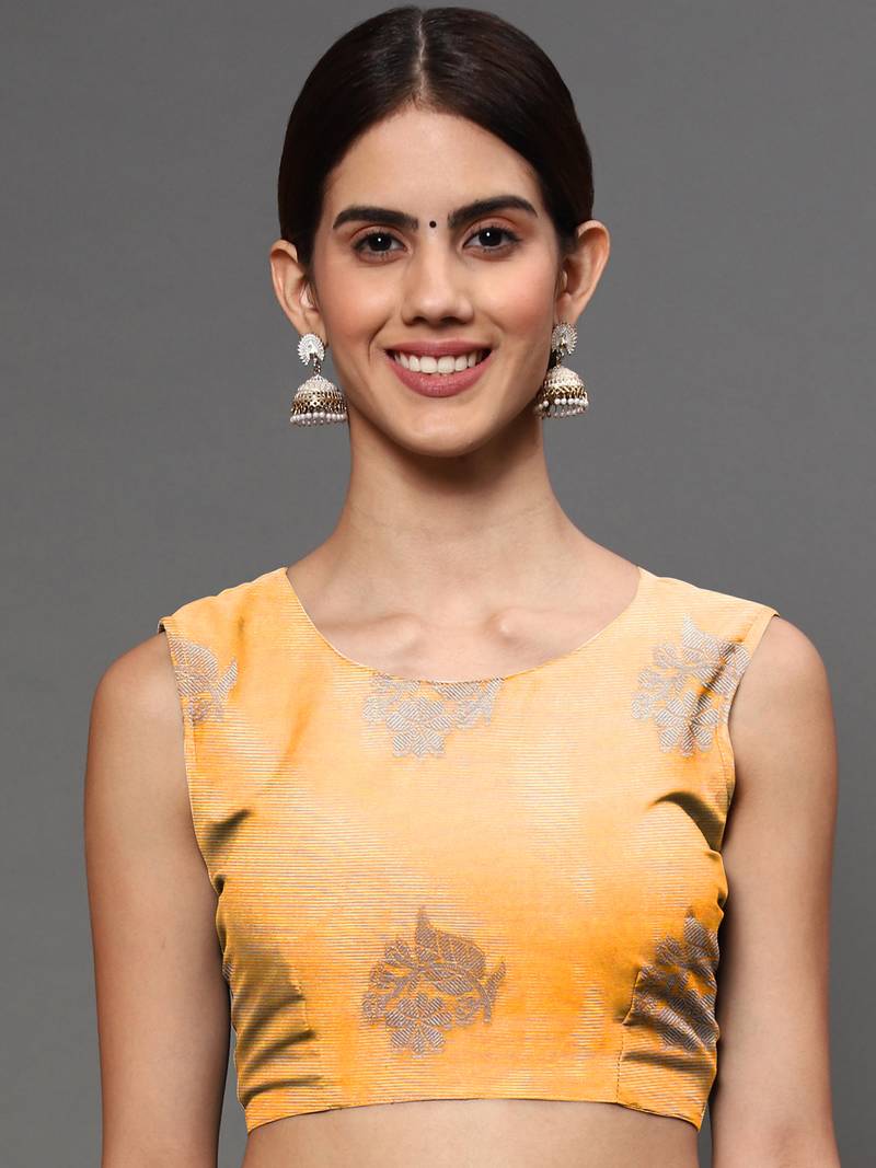 Mango Yellow Tissue Silk Silver Zari Floral Motifs Saree With Blouse Piece