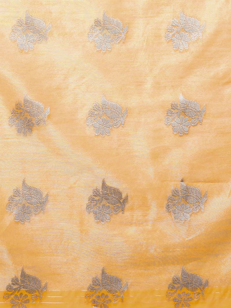 Mango Yellow Tissue Silk Silver Zari Floral Motifs Saree With Blouse Piece