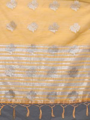 Mango Yellow Tissue Silk Silver Zari Floral Motifs Saree With Blouse Piece 7
