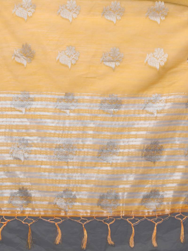 Mango Yellow Tissue Silk Silver Zari Floral Motifs Saree With Blouse Piece