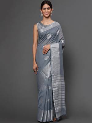 Metallic Grey Tissue Silk Silver Zari Floral Motifs Saree With Blouse Piece 1