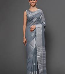 Metallic Grey Tissue Silk Silver Zari Floral Motifs Saree With Blouse Piece