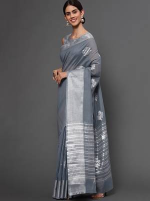Metallic Grey Tissue Silk Silver Zari Floral Motifs Saree With Blouse Piece 2