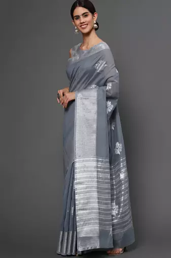 Metallic Grey Tissue Silk Silver Zari Floral Motifs Saree With Blouse Piece