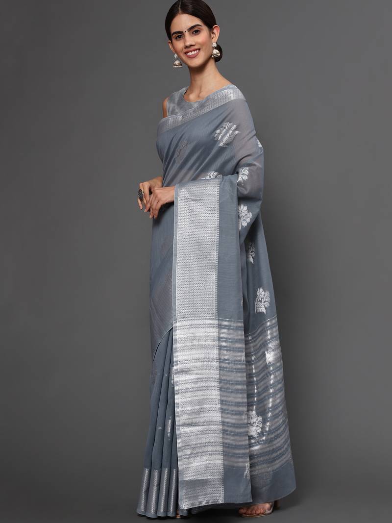 Metallic Grey Tissue Silk Silver Zari Floral Motifs Saree With Blouse Piece