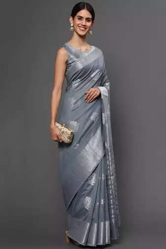 Metallic Grey Tissue Silk Silver Zari Floral Motifs Saree With Blouse Piece