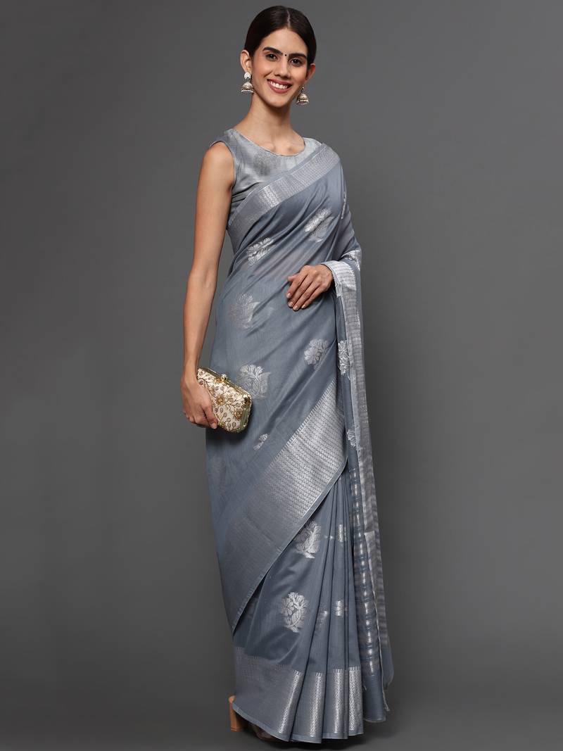 Metallic Grey Tissue Silk Silver Zari Floral Motifs Saree With Blouse Piece