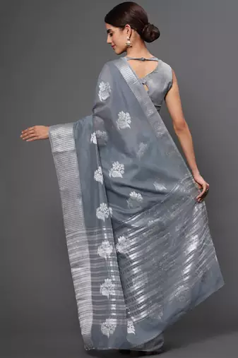 Metallic Grey Tissue Silk Silver Zari Floral Motifs Saree With Blouse Piece