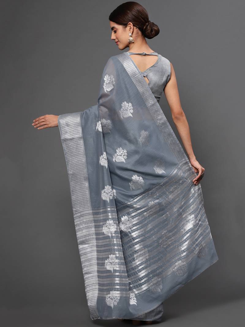 Metallic Grey Tissue Silk Silver Zari Floral Motifs Saree With Blouse Piece