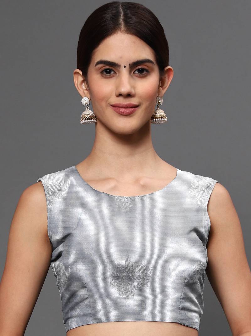 Metallic Grey Tissue Silk Silver Zari Floral Motifs Saree With Blouse Piece