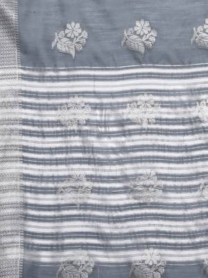 Metallic Grey Tissue Silk Silver Zari Floral Motifs Saree With Blouse Piece 6