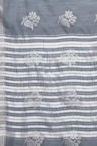 Metallic Grey Tissue Silk Silver Zari Floral Motifs Saree With Blouse Piece