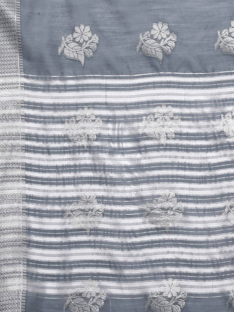 Metallic Grey Tissue Silk Silver Zari Floral Motifs Saree With Blouse Piece