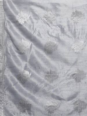 Metallic Grey Tissue Silk Silver Zari Floral Motifs Saree With Blouse Piece 7