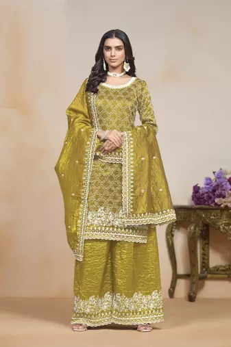 Mehendi embroidered gold crush semi stitched salwar suit