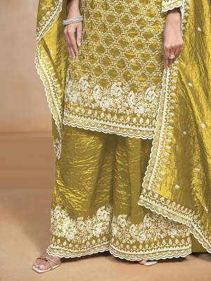 Mehendi embroidered gold crush semi stitched salwar suit 4