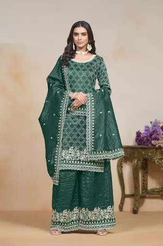 Teal green embroidered gold crush semi stitched salwar suit