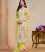 Yellow embroidered soft organza semi stitched salwar suit