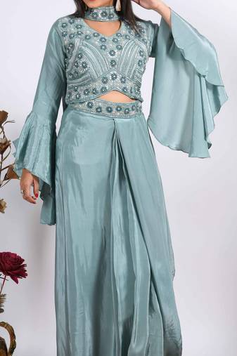 Multicolour crop top with dupatta with hand embroidery