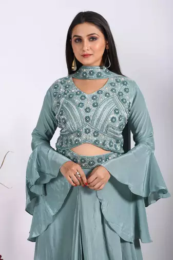 Multicolour crop top with dupatta with hand embroidery