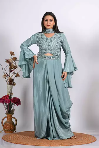 Multicolour crop top with dupatta with hand embroidery