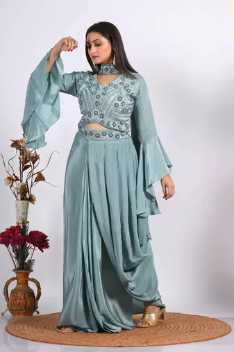 Multicolour crop top with dupatta with hand embroidery