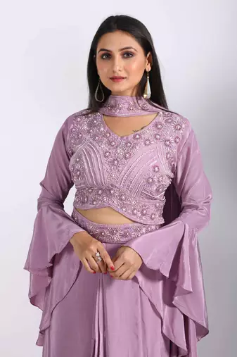 Dark purple crop top with dupatta with HAND EMBROIDERY