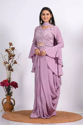 Dark purple crop top with dupatta with HAND EMBROIDERY