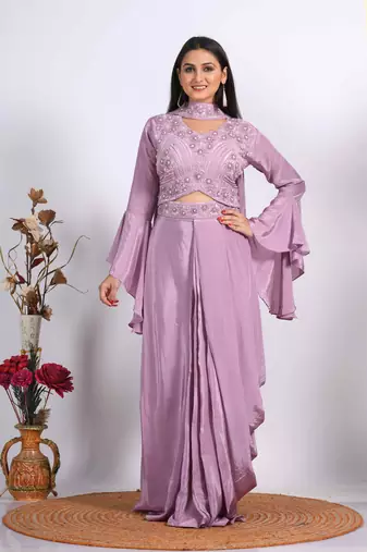 Dark purple crop top with dupatta with HAND EMBROIDERY