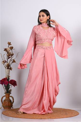 Peach crop top with dupatta with hand embroidery