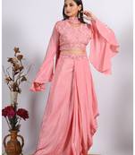 Peach crop top with dupatta with hand embroidery