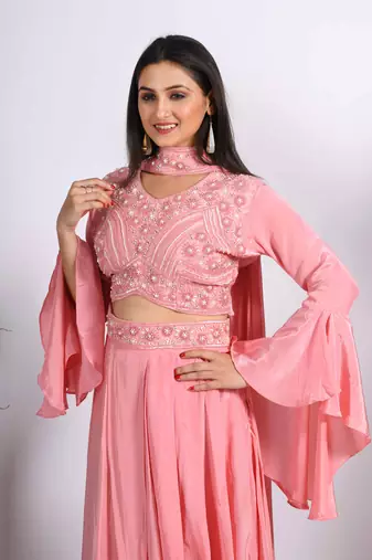 Peach crop top with dupatta with hand embroidery