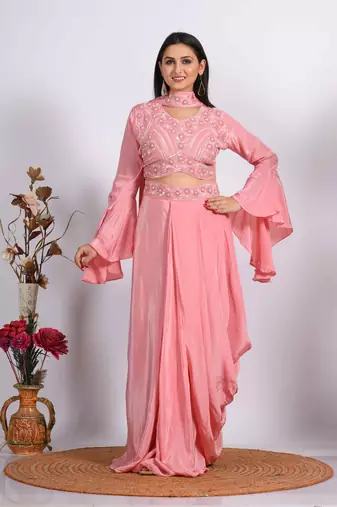 Peach crop top with dupatta with hand embroidery