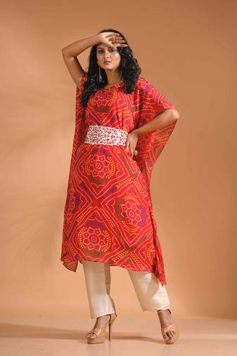 Red bandhani kaftan and golden pant with printed
