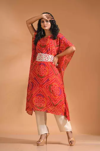 Red bandhani kaftan and golden pant with printed