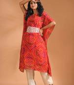 Red bandhani kaftan and golden pant with printed