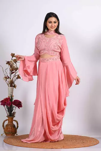 Peach crop top with dupatta with hand embroidery